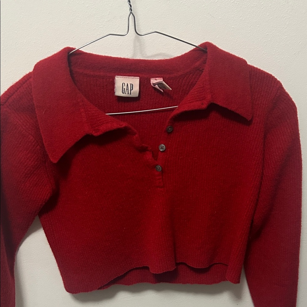 GAP Crimson Red Cropped Polo Knit Sweater
